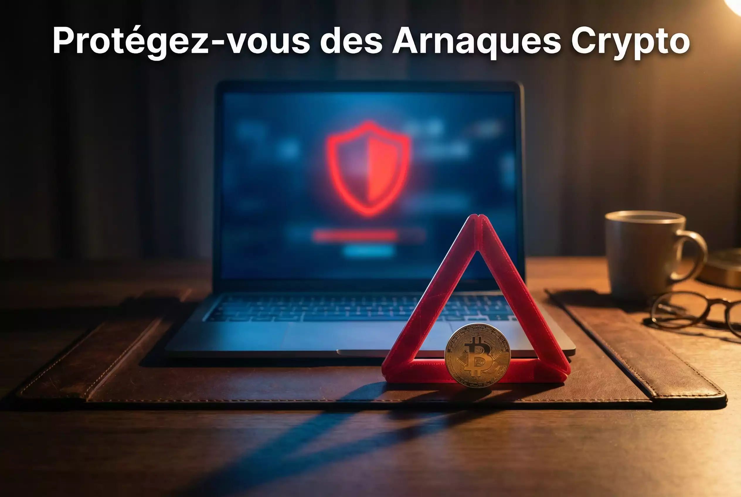 Panneau d'avertissement rouge devant un écran pour se protéger des arnaques crypto
