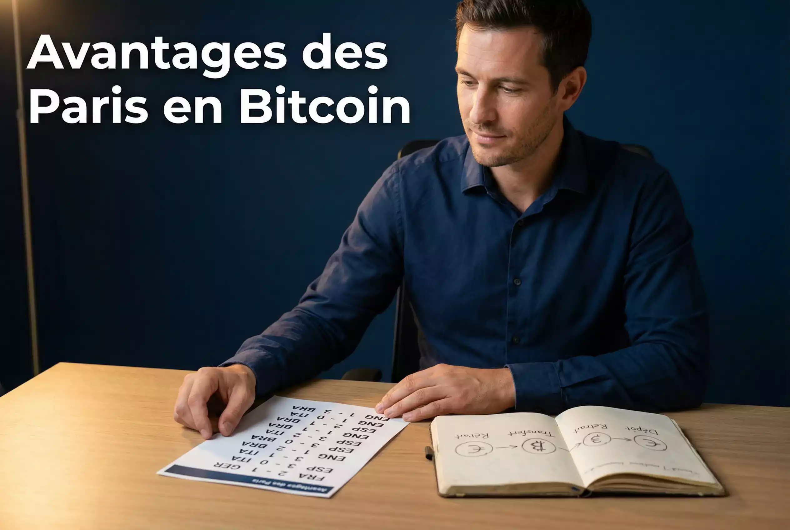 Parieur consultant ses gains en Bitcoin sur un document de résultats sportifs