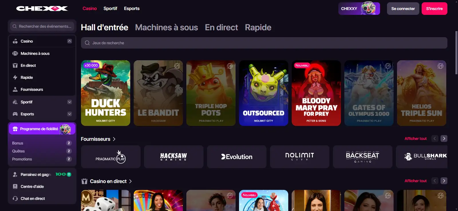 Lobby CHEXX avec catégories de jeux filtres et vignettes de machines