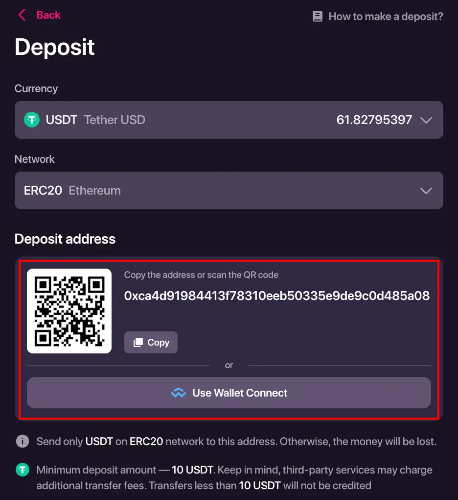 Caisse CHEXX avec choix de crypto-actif réseau et adresse de dépôt