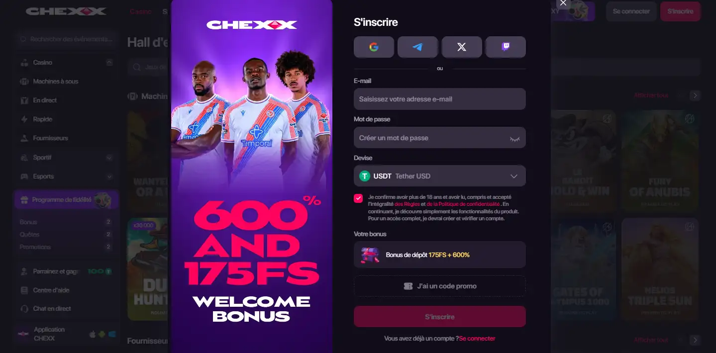Formulaire CHEXX avec email mot de passe et connexions alternatives