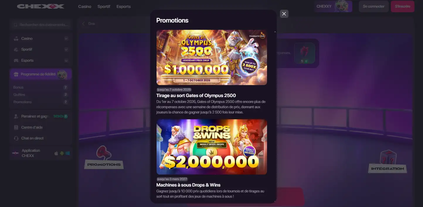Offre CHEXX présentant trois paliers de bonus et leurs tours gratuits