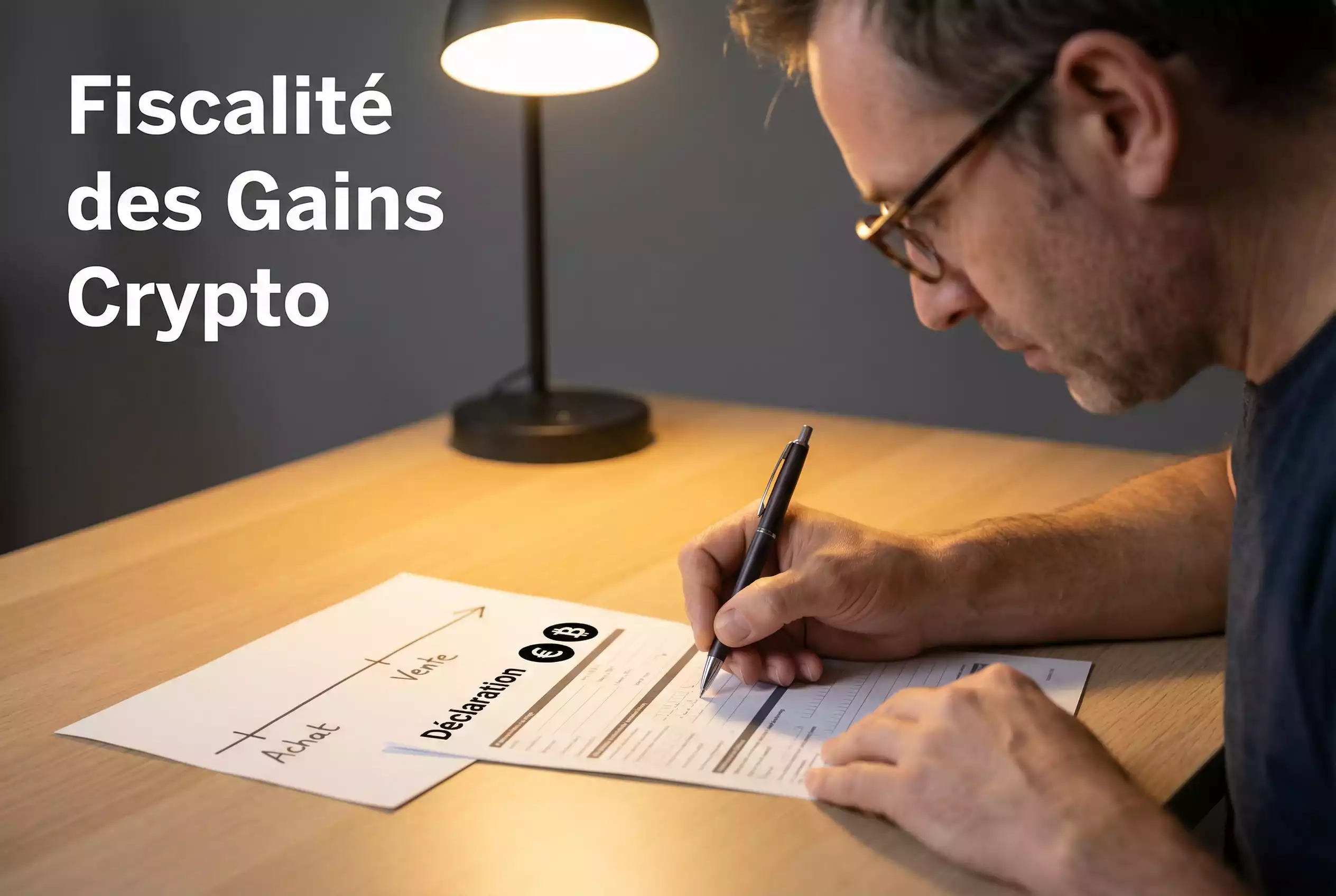 Personne remplissant une déclaration fiscale avec des symboles € et Bitcoin visibles sur le document