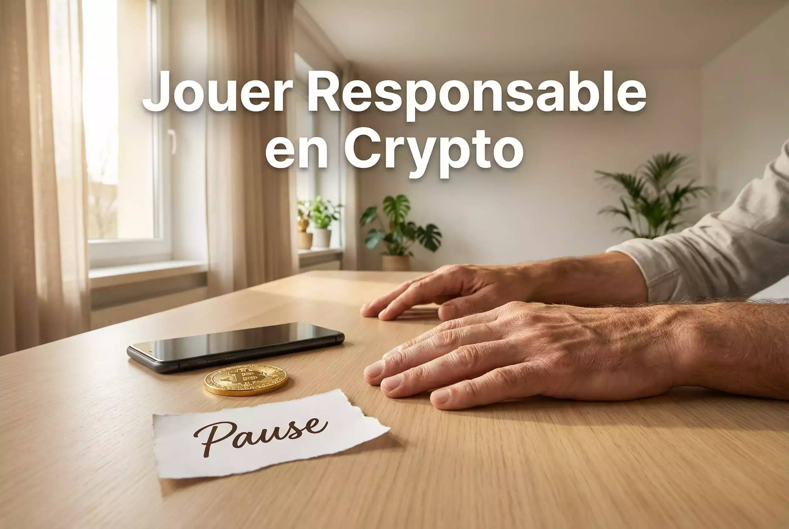 Personne posant les mains à plat symbolisant la pause et le jeu responsable en crypto