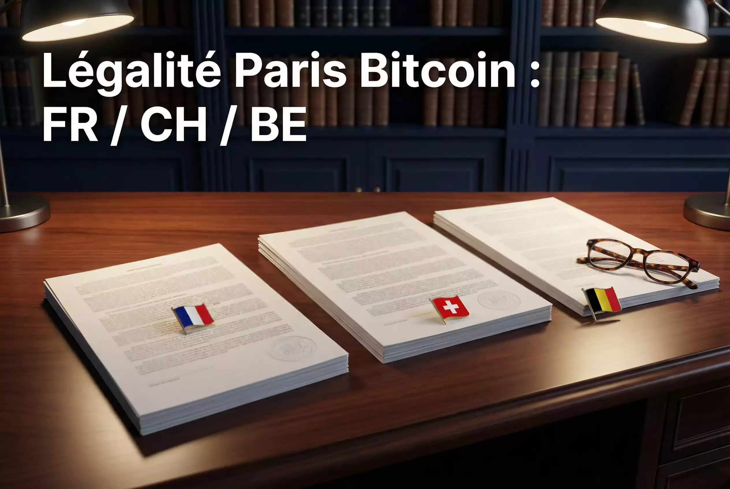 Documents juridiques et drapeaux de la France, Suisse et Belgique représentant la réglementation des paris crypto