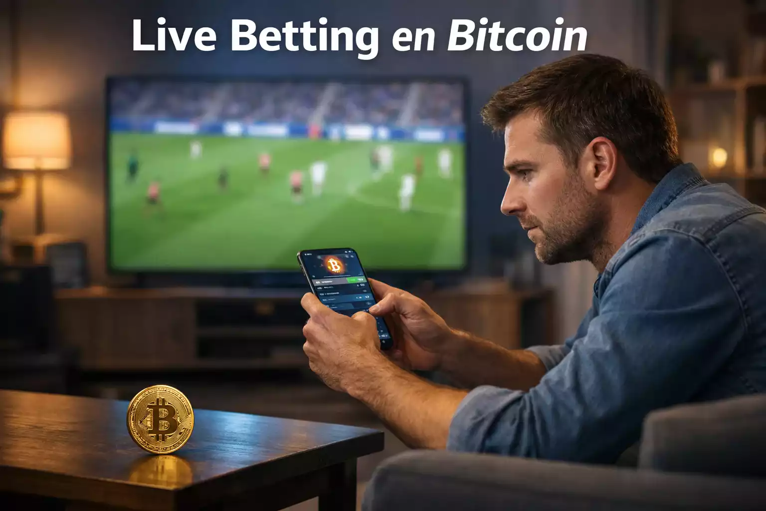 Parieur suivant un match en direct sur smartphone pour le live betting en Bitcoin