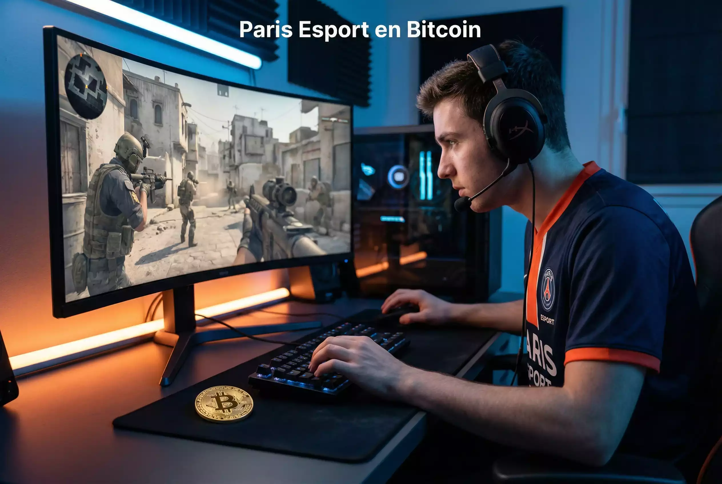 Joueur d'esport concentré devant son écran lors d'un tournoi CS2 en Bitcoin