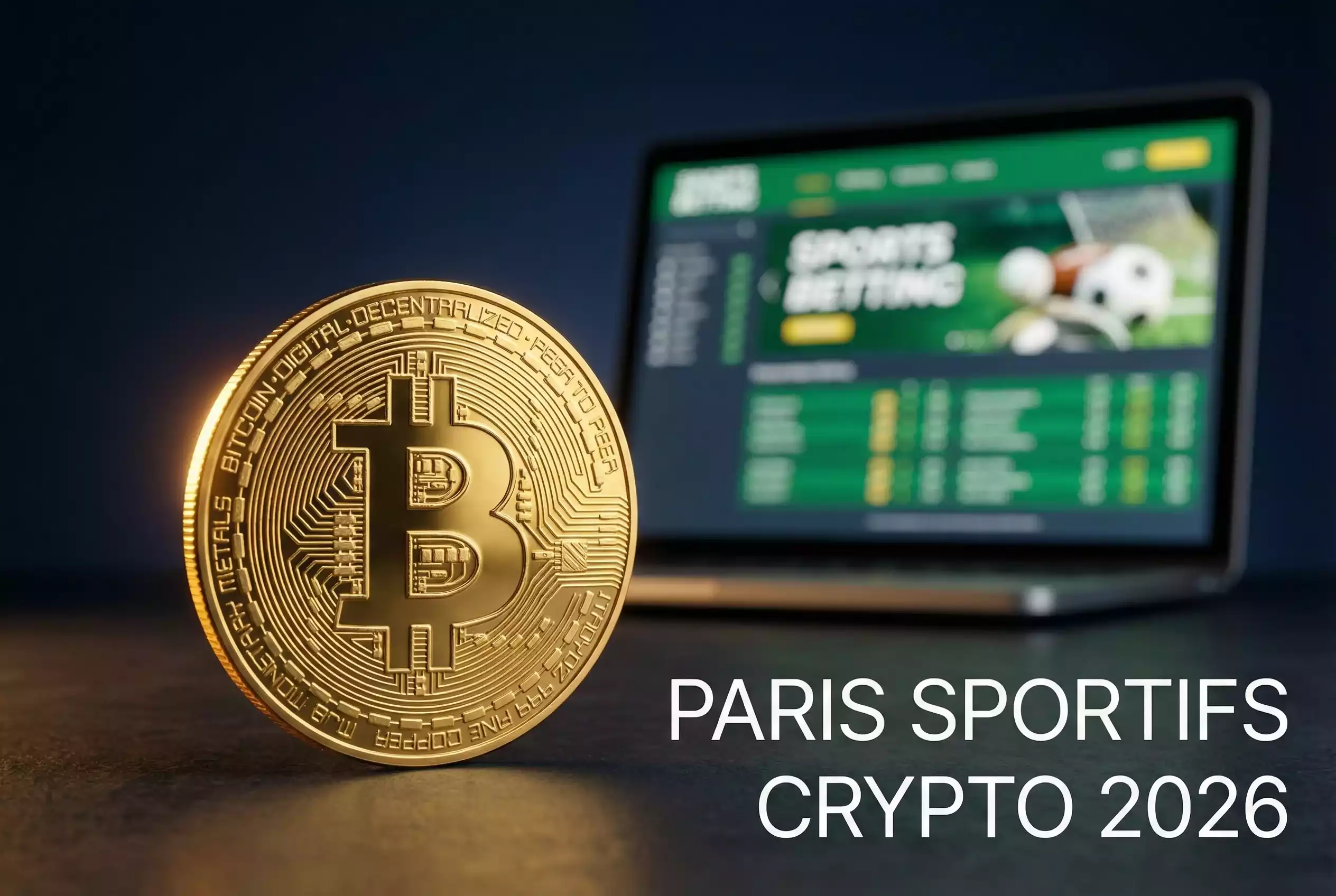 Paris sportifs Bitcoin 2026 avec pièces BTC dorées et interface de pari sportif moderne